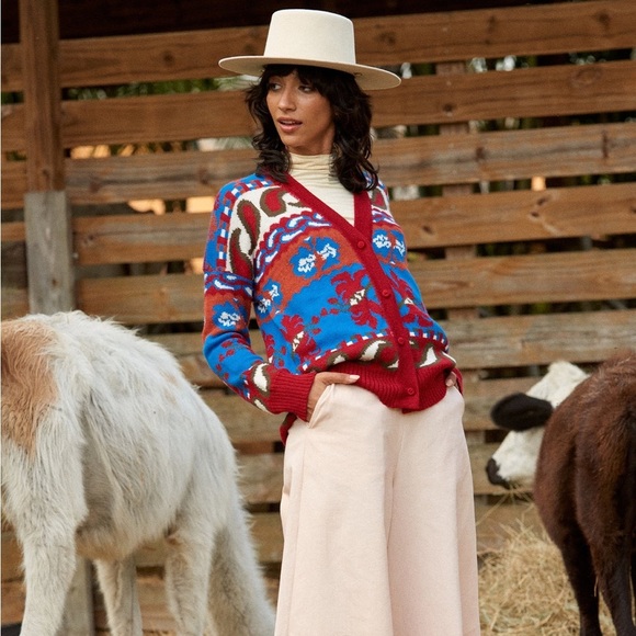 NWT Carolina K 100% Baby Alpaca Wool Sabina Bohemian Cardigan Cowboy Floral XS - Picture 2 of 15